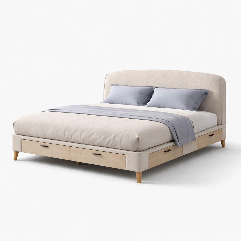 Cama tapizada con cajones de almacenamiento y estructura funcional-livaroe